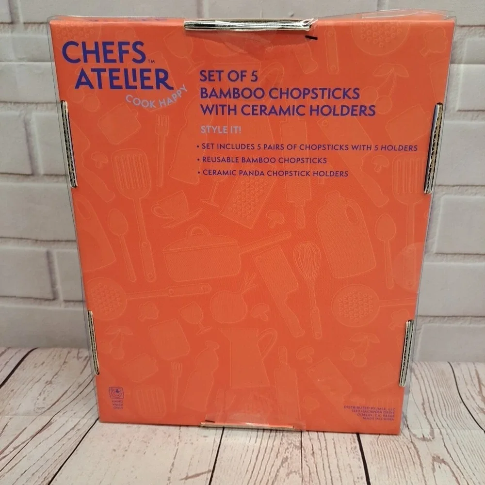 NIB Chefs Atelier‎ Bamboo Chopsticks with Ceramic Kittens Holders Set Of 5
